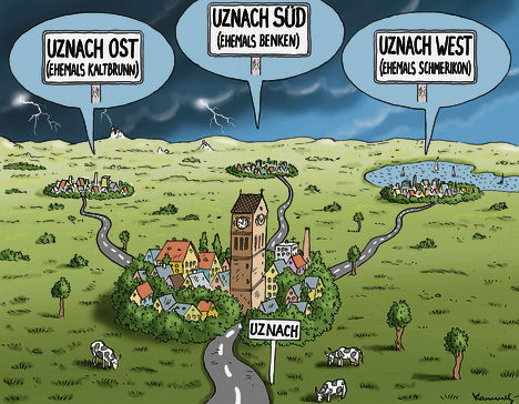 Eine der Befürchtungen: Das herrschaftliche Uznach thront über den anderen Gemeinden. Karikatur: Marian Kamensky, ZSZ